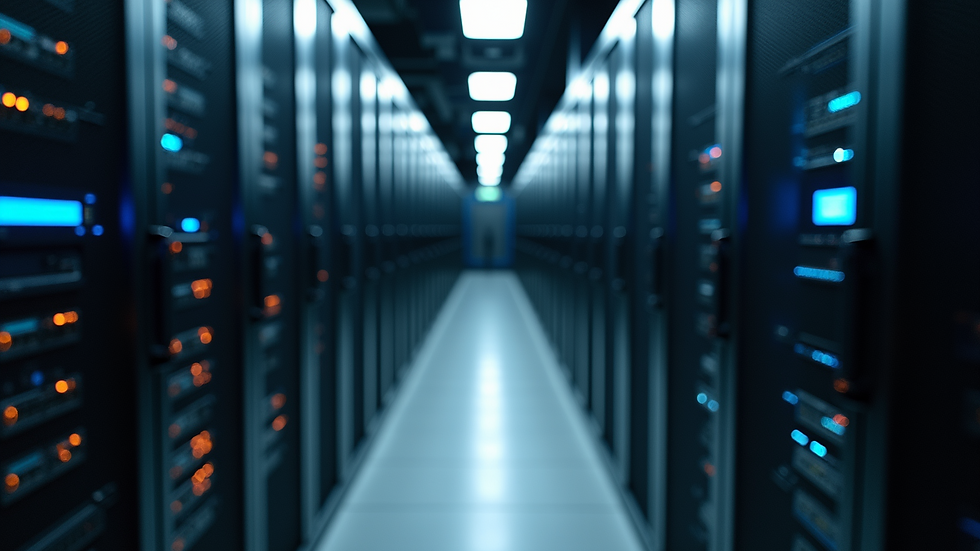 Eye-level view of a server room with network equipment