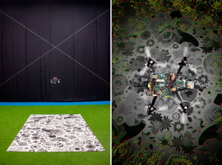 Neuromorphic cameras — which respond to changes in brightness and are inspired by the retina — can be used in drones. The image on the right illustrates the visual input the drone receives from the camera: red indicates pixels that are getting darker and green indicates those that are getting brighter.Credit: TU Delft, TU Delft/Studio Oostrum