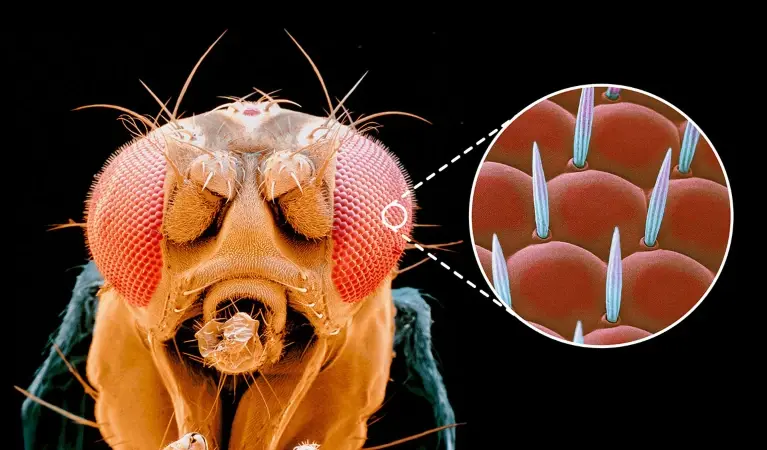 Fruit flies (Drosophila melanogaster) have honeycomb-like compound eyes that are made up of an array of individual photoreceptive units called ommatidia (inset).Credit: Eye of Science/Science Photo Library. Adapted from Anne Weston, Francis Crick Institute/Science Photo Library