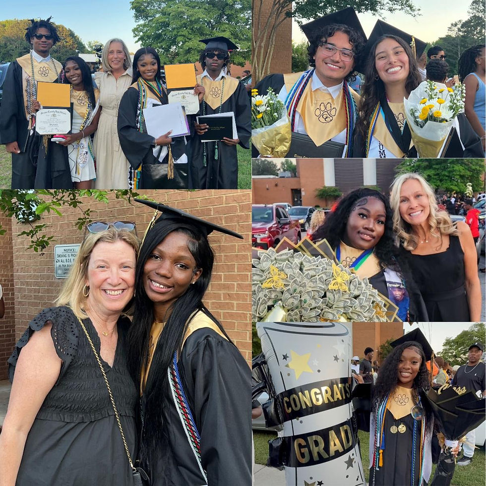 Graduates in caps and gowns celebrating outdoors, holding diplomas, flowers, and "Congrats Grad" signs. Smiling with family and friends.