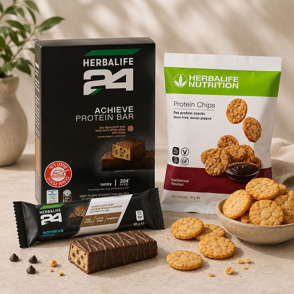 חטיף חלבון Herbalife24 Achieve Protein Bar וחטיף Protein Chips של הרבלייף כחטיפי חלבון ונשנוש חכם לדרך