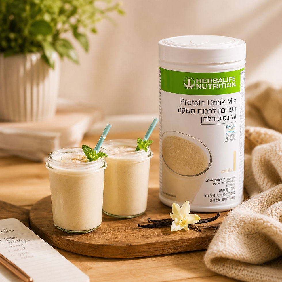 Protein Drink Mix של הרבלייף לצד משקה חלבון בטעם וניל לתמיכה בצריכת חלבון יומית