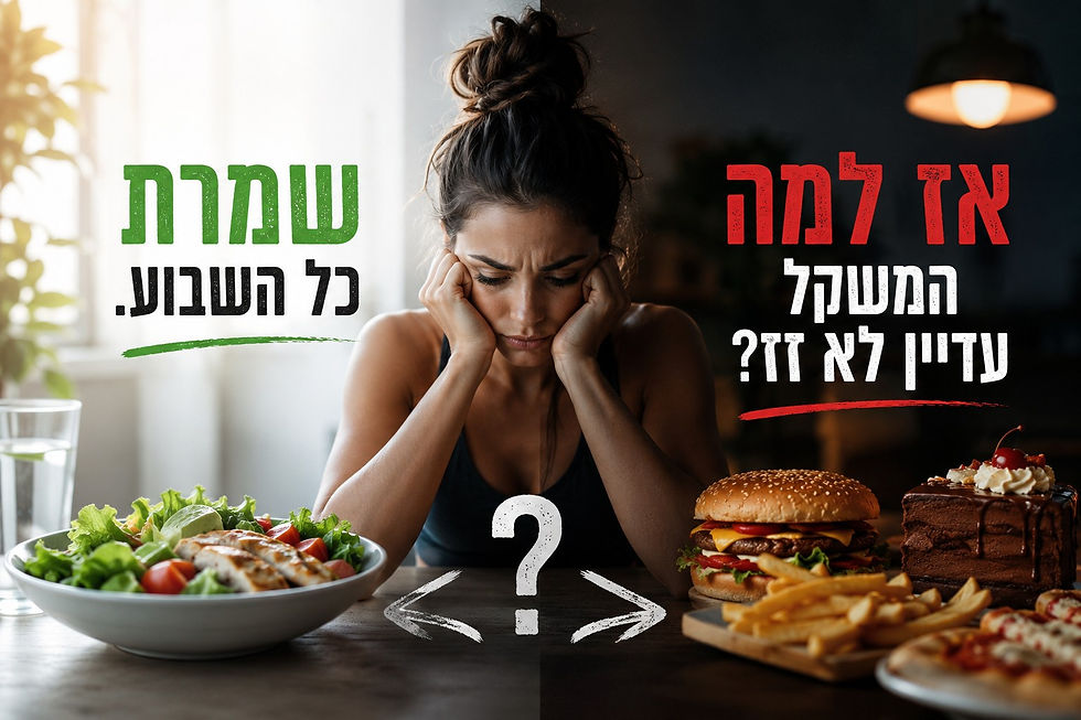 אישה מתלבטת בין אוכל בריא לאוכל עתיר קלוריות במהלך תהליך ירידה במשקל