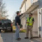 Worker and homeowner assessing gutter condition before quote in Elkton