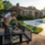 Surface cleaner and pressure washer on a trailer beside a concrete pool deck in Elkton