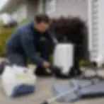 Worker preparing sprayer equipment for gutter whitening job in Elkton