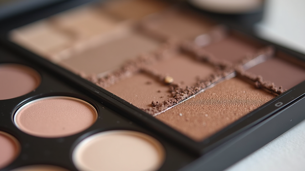 Eye-level view of a makeup palette with neutral eyeshadow shades