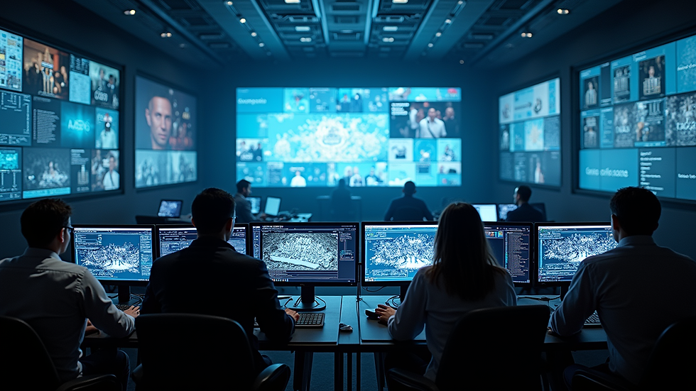 High angle view of security personnel monitoring event through multiple screens