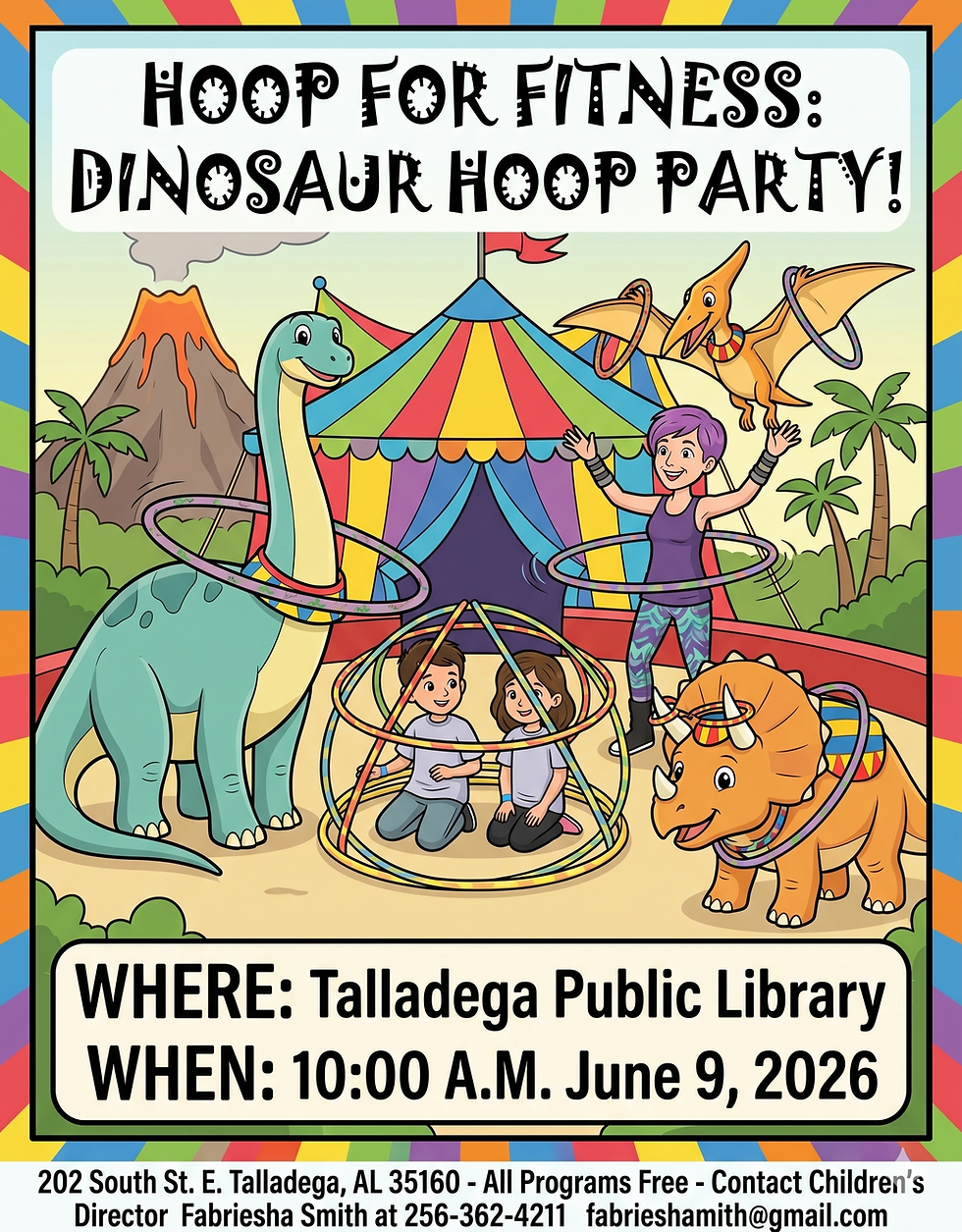 Hoop for Fitness: Dinosaur Hoop Party! flyer. Talladega Public Library, June 9, 2026, 10:00 A.M.