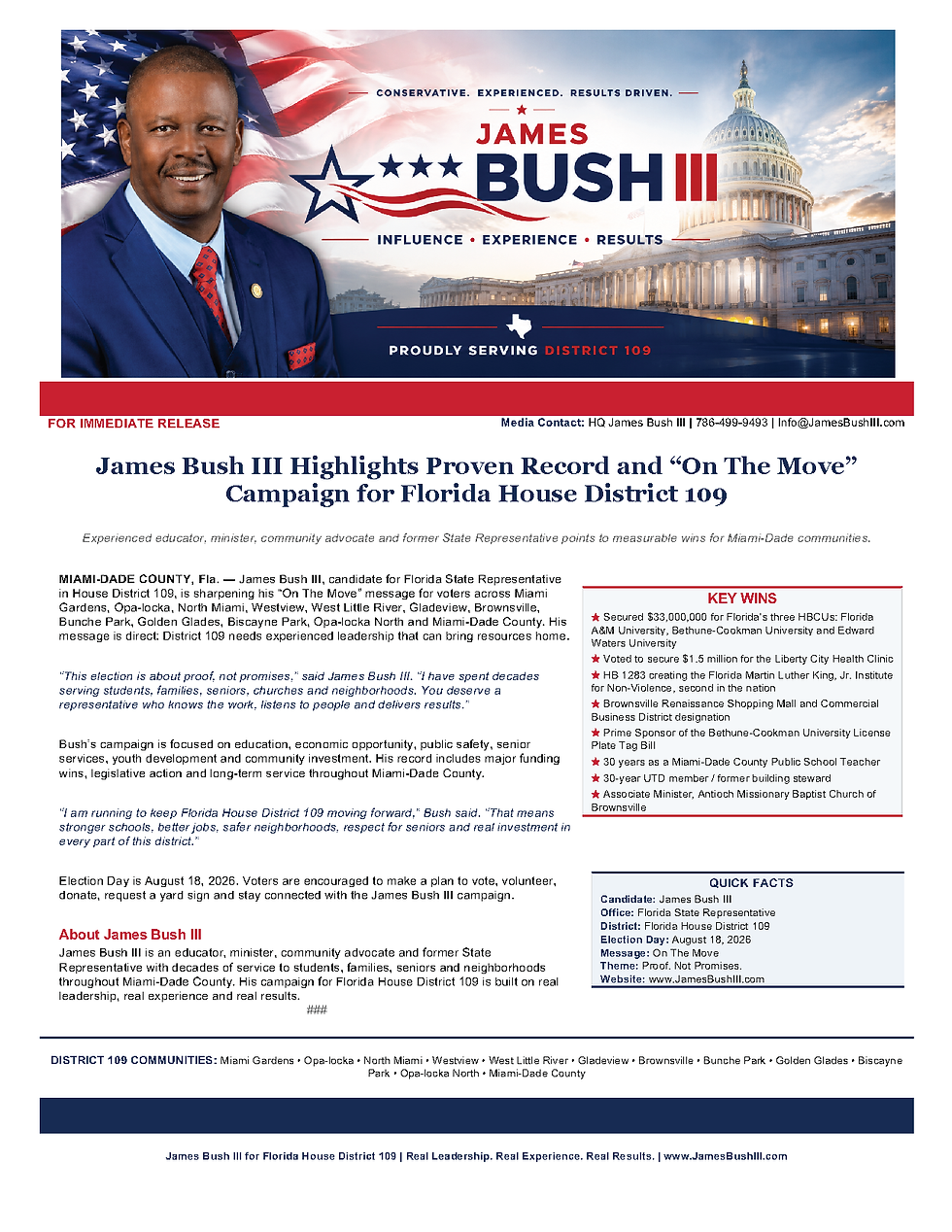 James Bush III Highlights Proven Record and “On The Move” Campaign for Florida House District 109