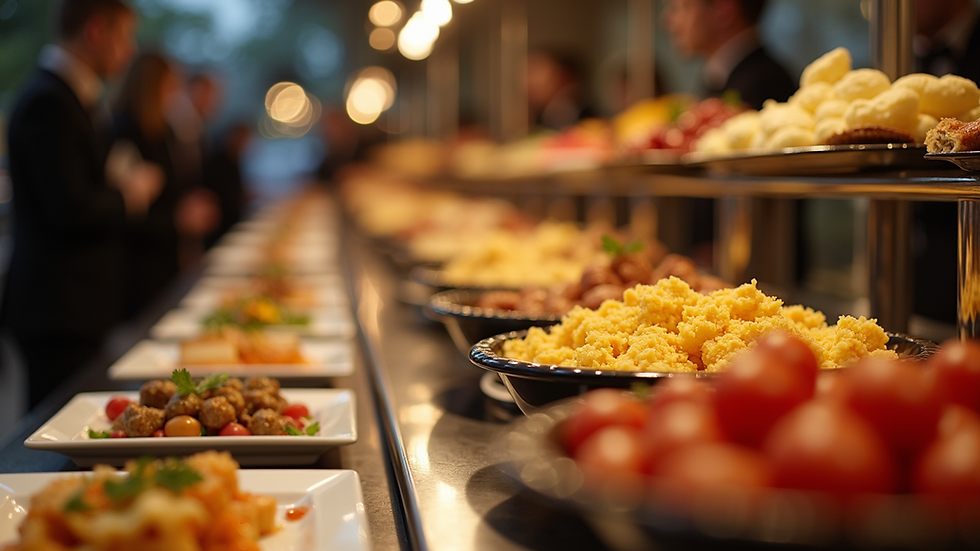 Eye-level view of an elegant buffet setup with diverse food options