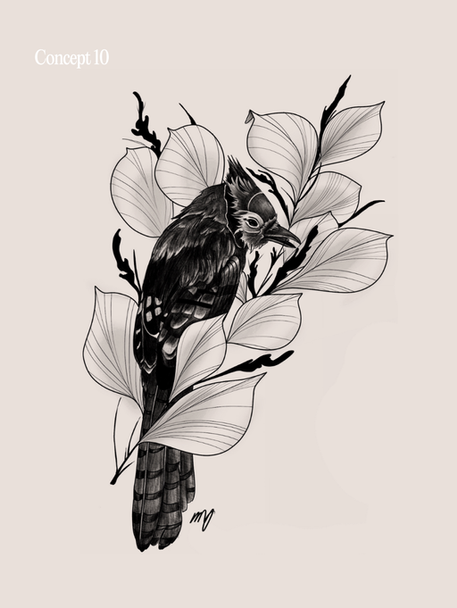 Floral blackwork bird tattoo design with botanical details and organic composition.
