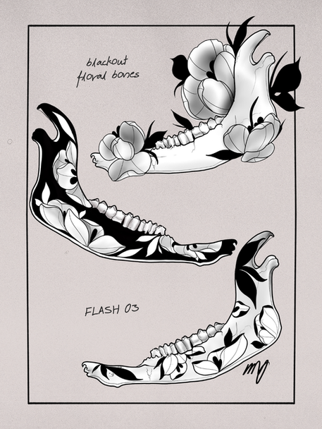 Illustrative blackwork tattoo flash sheet with floral animal bones.