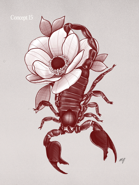 High contrast blackwork floral scorpion tattoo