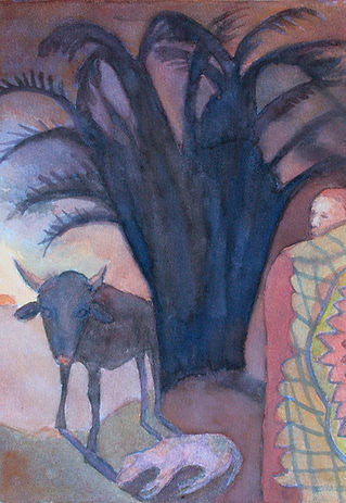 figurative, watercolour, painting, original art, ethnic culture, Africa, xhosa, initiation, ceremony, sunrise, bull.