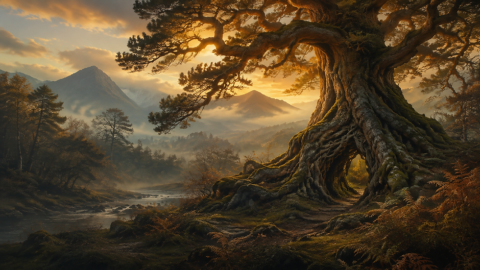 Highland landscape with golden ancient tree
