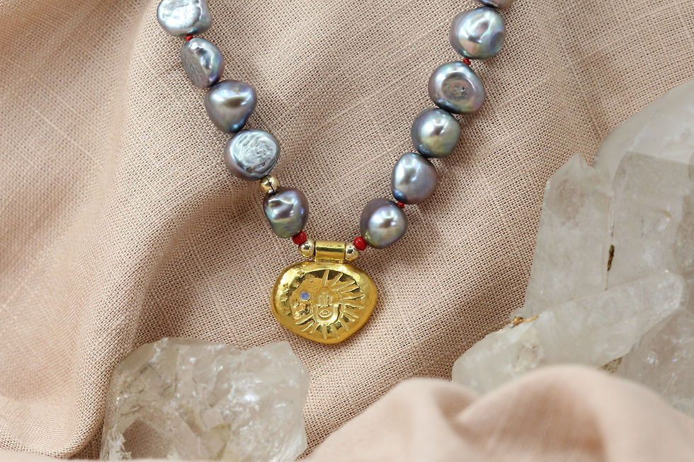 Thumbnail: Hamsa Hand Rune Necklace | Gold Vermeil Pearl Statement Necklace UK