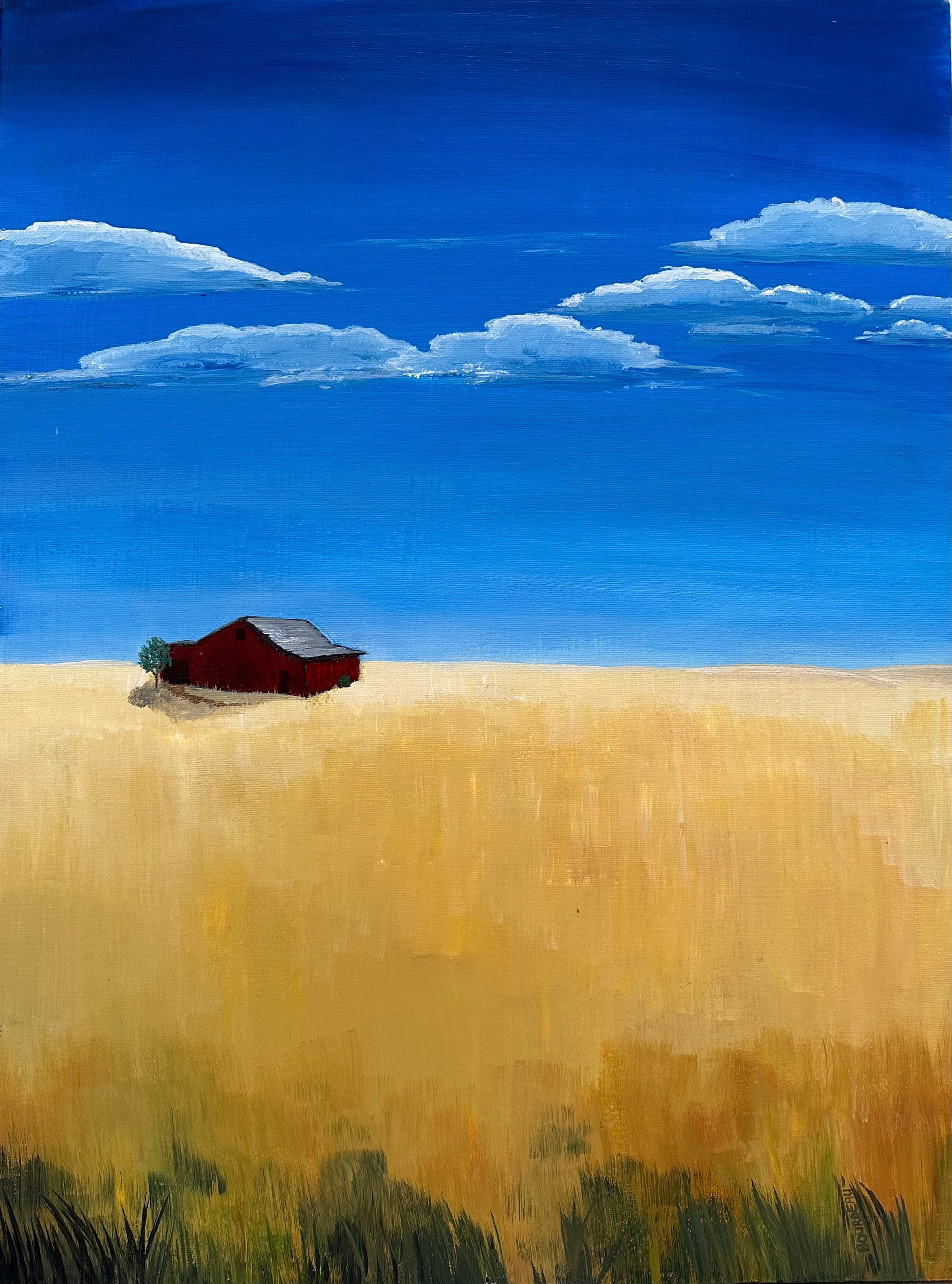 Isolated Red Barn (18x24” acrylic on stretched canvas)