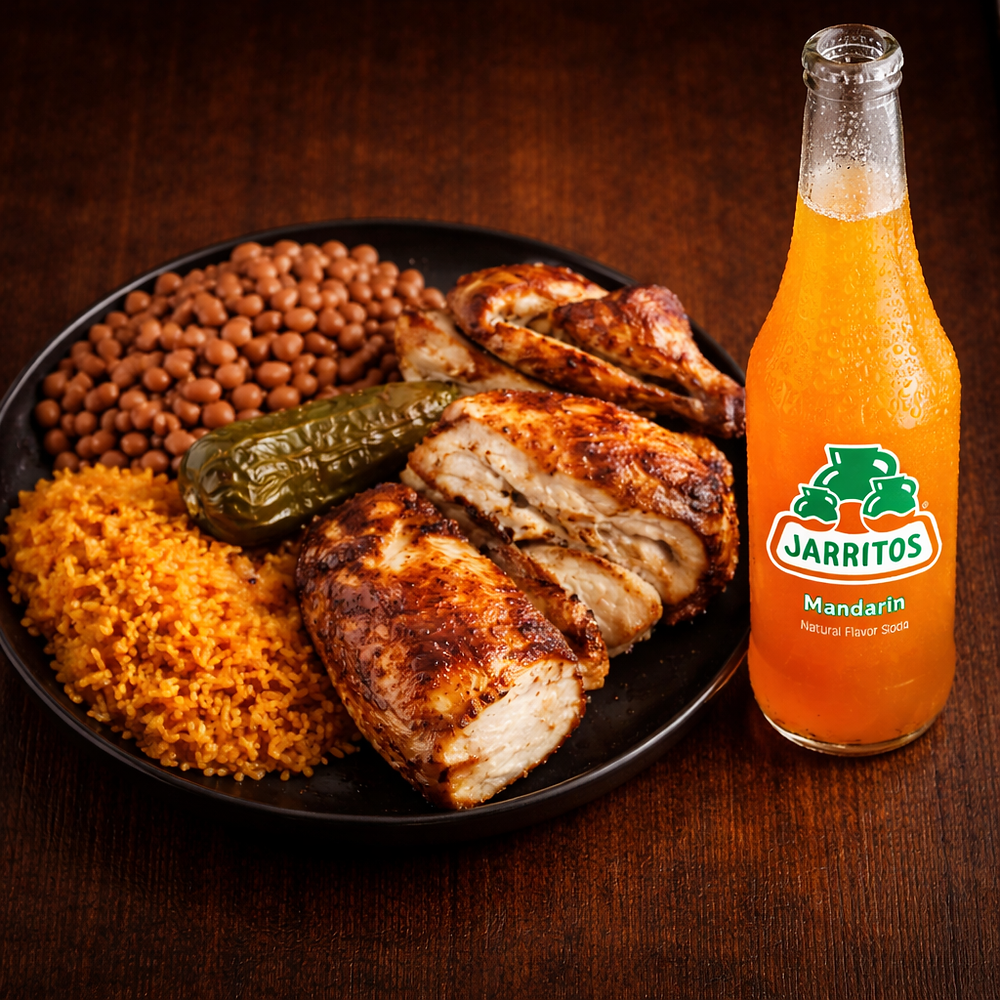 Chicken platter with beans, rice, pickle, Jarritos soda