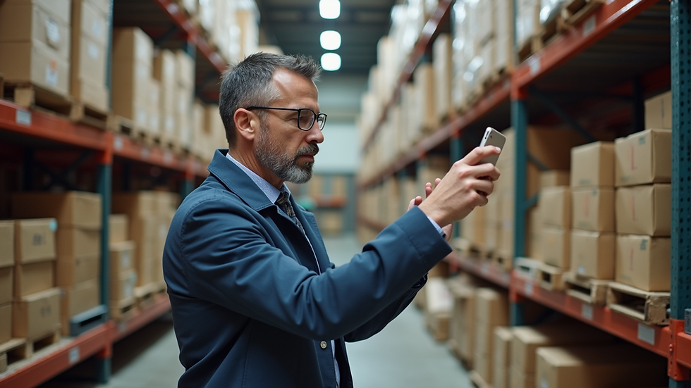 Close-up view of a business owner reviewing inventory in a warehouse