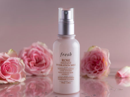 pink cosmetic luxury product photography with roses and water droplets. Brisbane product photography