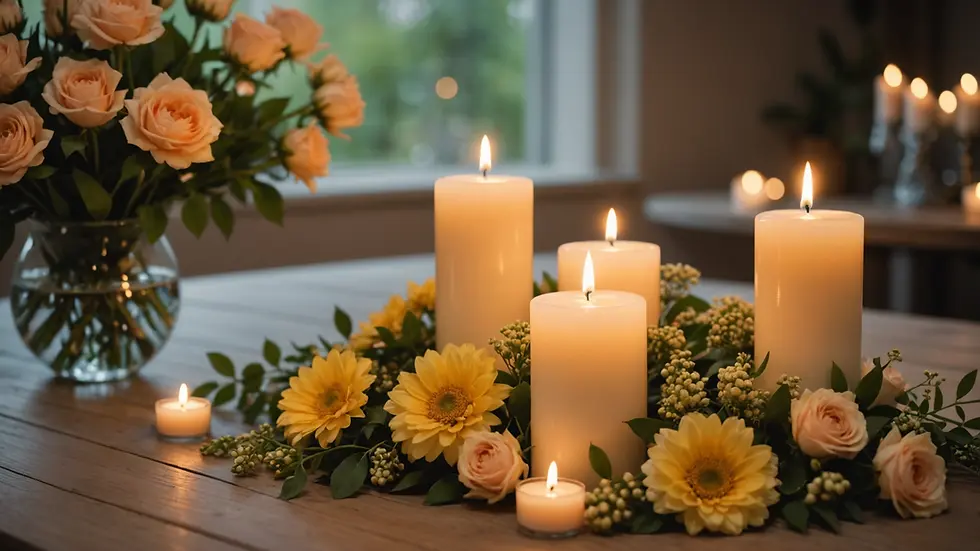 Close-up of a tranquil setting with candles and flowers