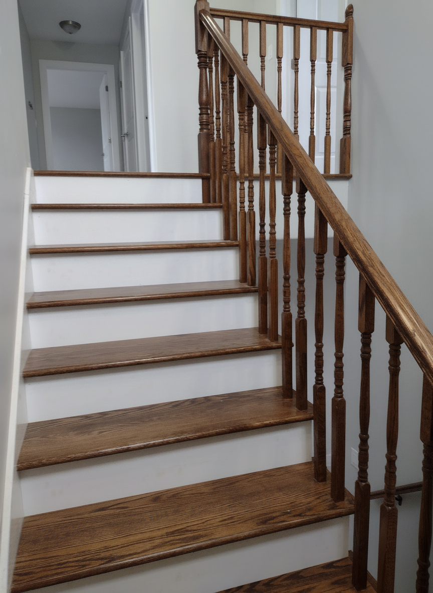Staircase photo for Meer Carpentry services, warm wood tones, landscape orientation