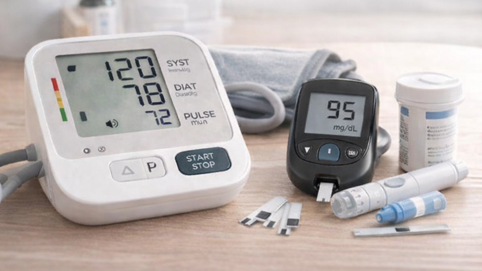 Digital blood pressure monitor and blood glucose meter with test strips and lancet device placed on a wooden table for home health monitoring