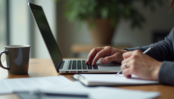 Close-up view of a person writing content on a laptop with notes and a cup of coffee nearby