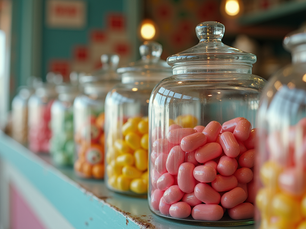 Vintage candy display at Gumdrops n Lollipop shop in Niantic, Connecticut, featuring glass jars filled with colorful old-fashioned sweets on wooden shelves.