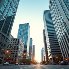 Eye-level view of downtown Denver skyline with modern office buildings
