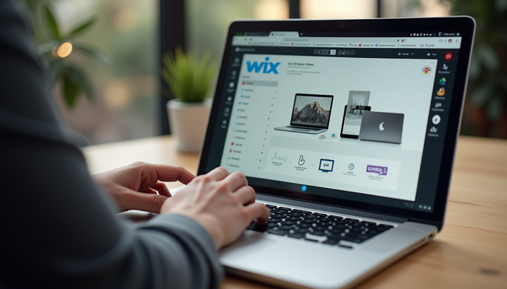 Eye-level view of a laptop screen showing a Wix website editor interface