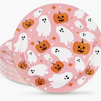 Ghost & Pumpkins Pink Paper Dinner Plates for Spooky One First Birthday Party