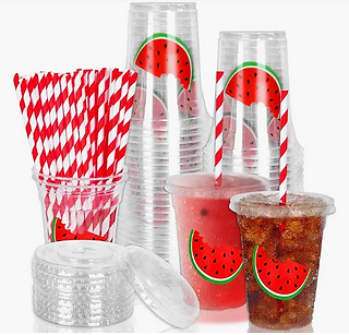 Watermelon Plastic Cups with Lids and Straws