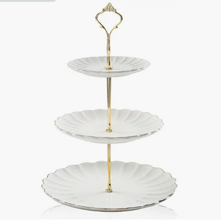 White Ceramic 3 Tier Cupcake Stand with Gold Detailing