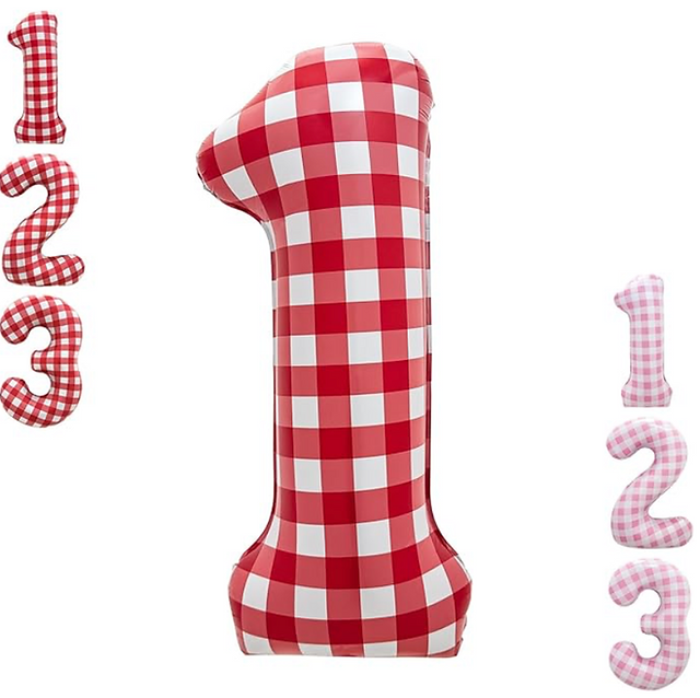 Red Gingham 1 Balloon for Fun to be One Birthday Party
