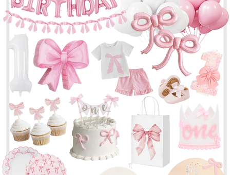 First Birthday Pink Bow Coquette Themed Birthday Party Inspiration: Invitations, Decorations, Tableware, Party Favors, Activities, Outfits, Gifts & More!