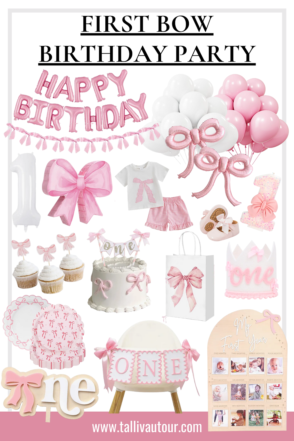 First Birthday Pink Bow Coquette Themed Birthday Party Inspiration: Invitations, Decorations, Tableware, Party Favors, Activities, Outfits, Gifts & More!