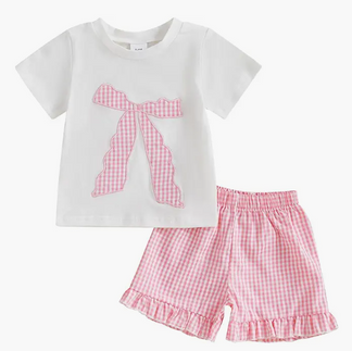 Pink Bow Gingham Matching Set Outfit for First Birthday Party