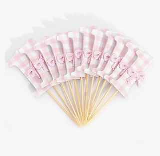 Pink Gingham '1' Bow Cupcake Toppers