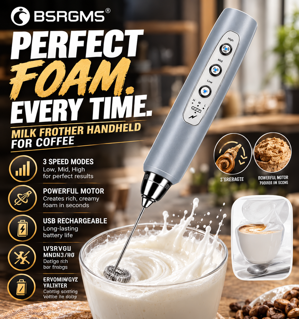 BSRGMS Milk Frother Handheld for Coffee Electric Whisk 3 Speed Adjustable Drink