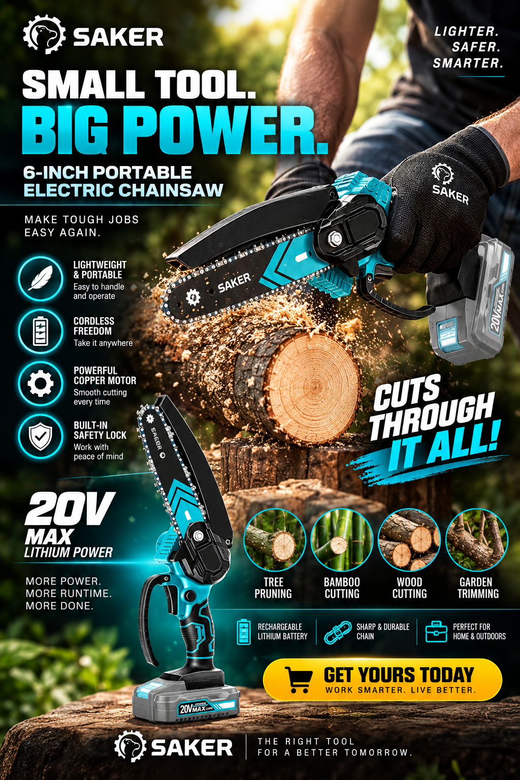 Saker Portable Electric Chainsaw with 6-Inch Lithium Blade