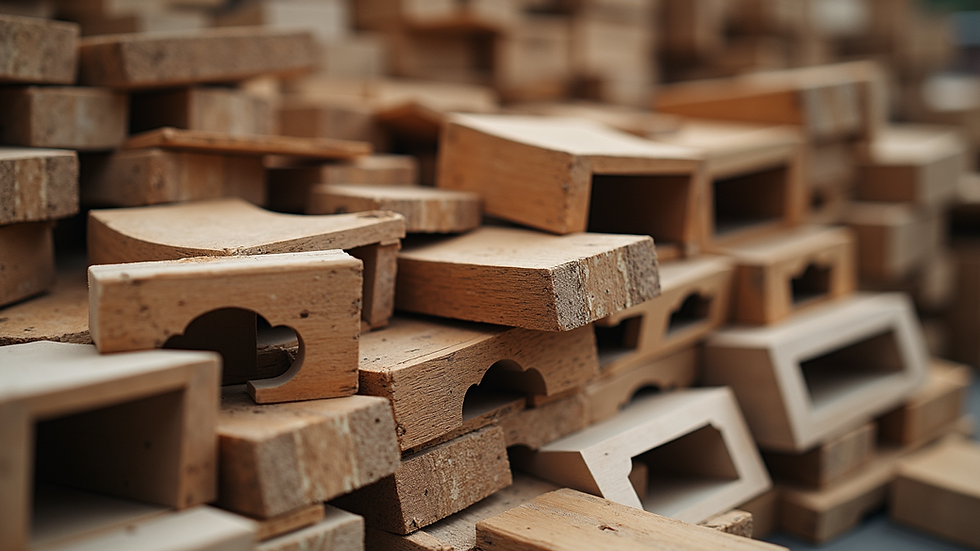 Close-up view of a neatly stacked pile of wooden furniture parts ready for recycling