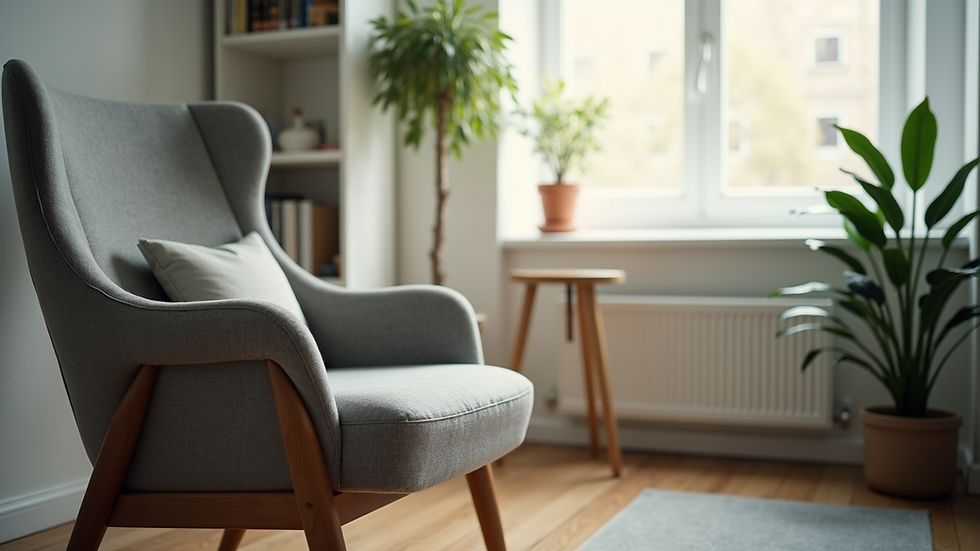 Close-up view of a therapist's office with a comfortable chair and soft lighting
