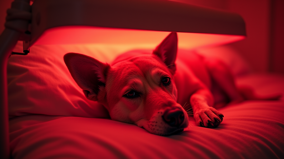 Close-up view of a dog receiving red light therapy treatment