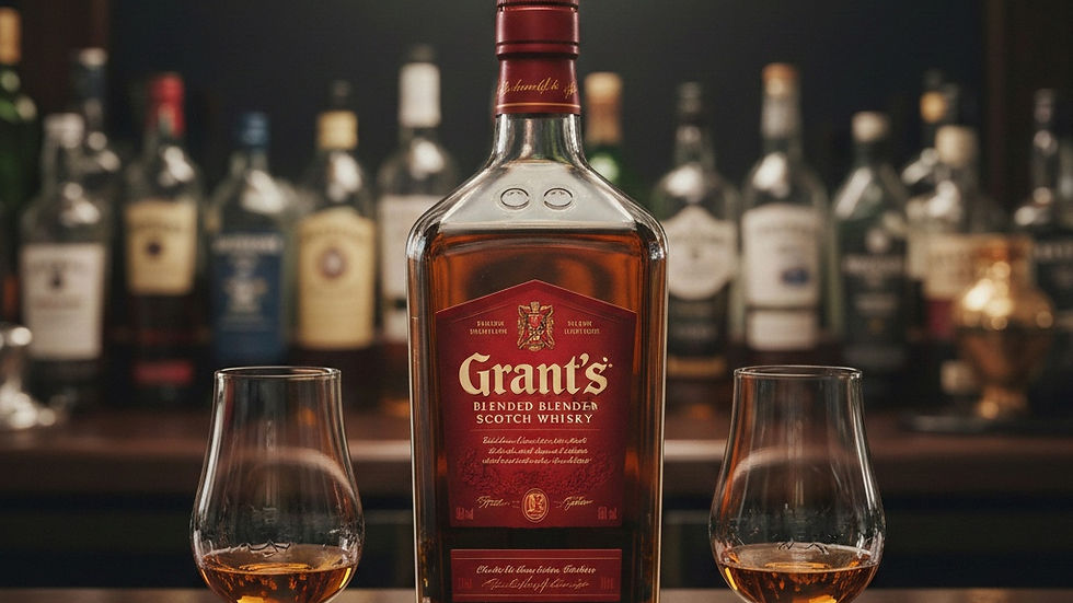 Bottle of Grant's Blended Scotch Whisky with two glasses on a wooden bar. Dimly lit background with various whisky bottles. Warm ambiance. From JGB Tours of Scotland