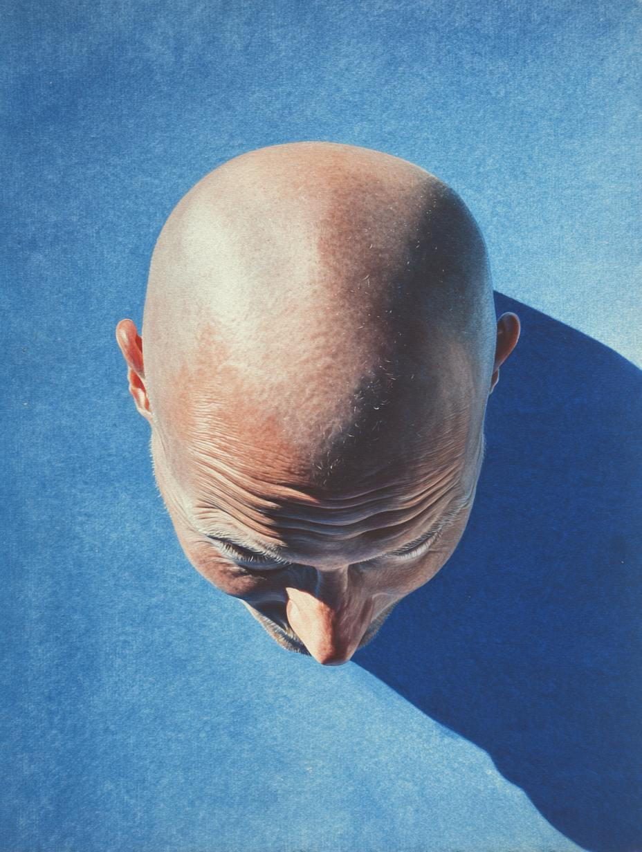 Overhead view of a bald man’s head under bright sunlight with sharp shadow on blue background, symbolizing hair thinning, sun damage, and summer hair care concerns.