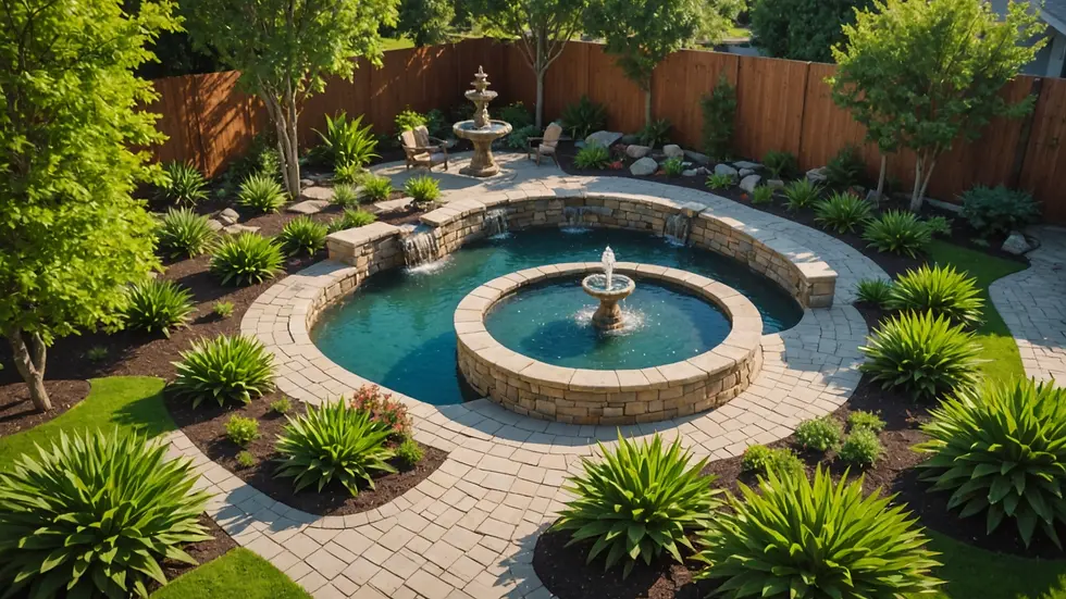 High angle view of a peaceful backyard oasis featuring a water fountain