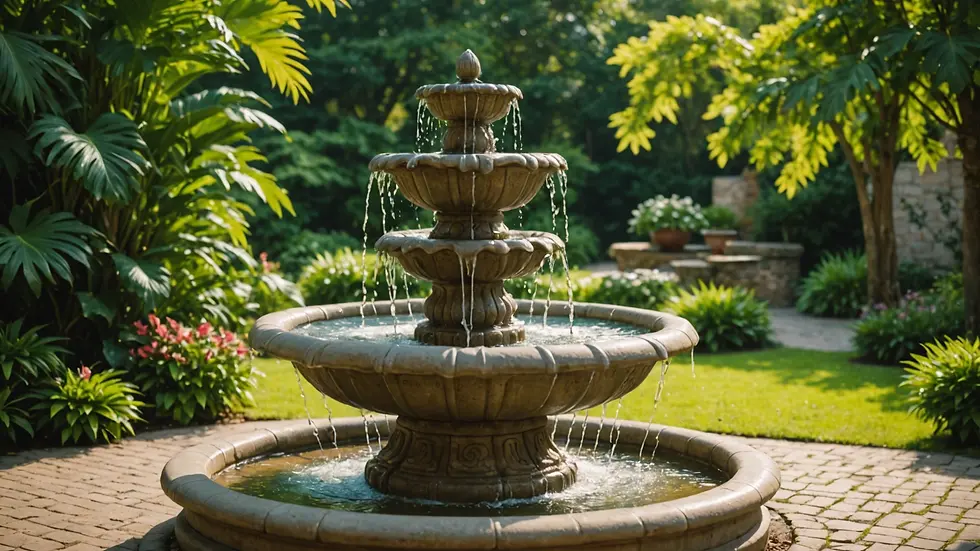 Eye-level view of a backyard water fountain surrounded by lush greenery