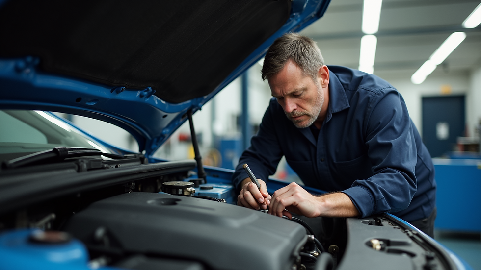 Close-up view of a mechanic inspecting a car engine
